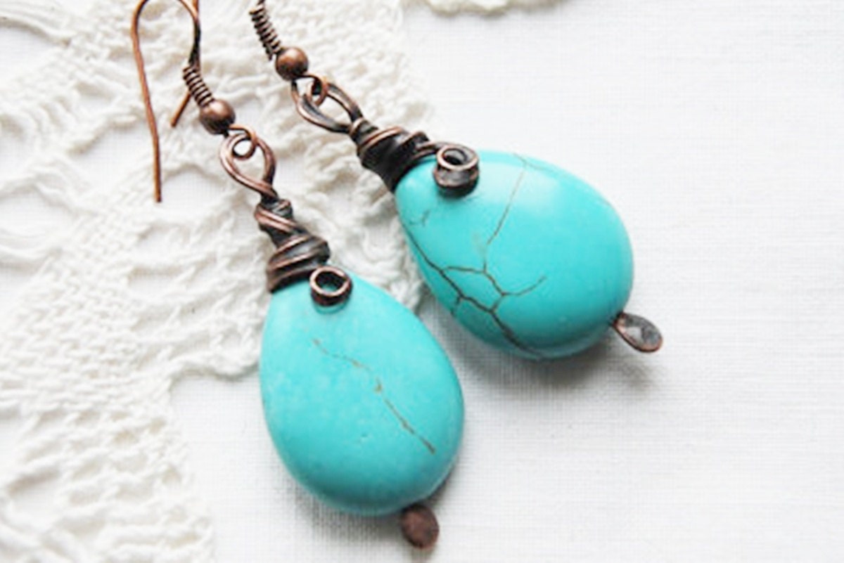 turquoise stone howlite beautiful earrings, dangle earrings birthstone beadwork cluster drop hoop earrings