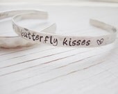 Butterfly kisses silver hand stamped hammered cuff with heart