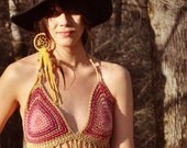 Cherry Blossom Crochet Bikini / Fringe Festival Top / Hippie / Gypsy / Bohemian / 60s / 70s / Ombre