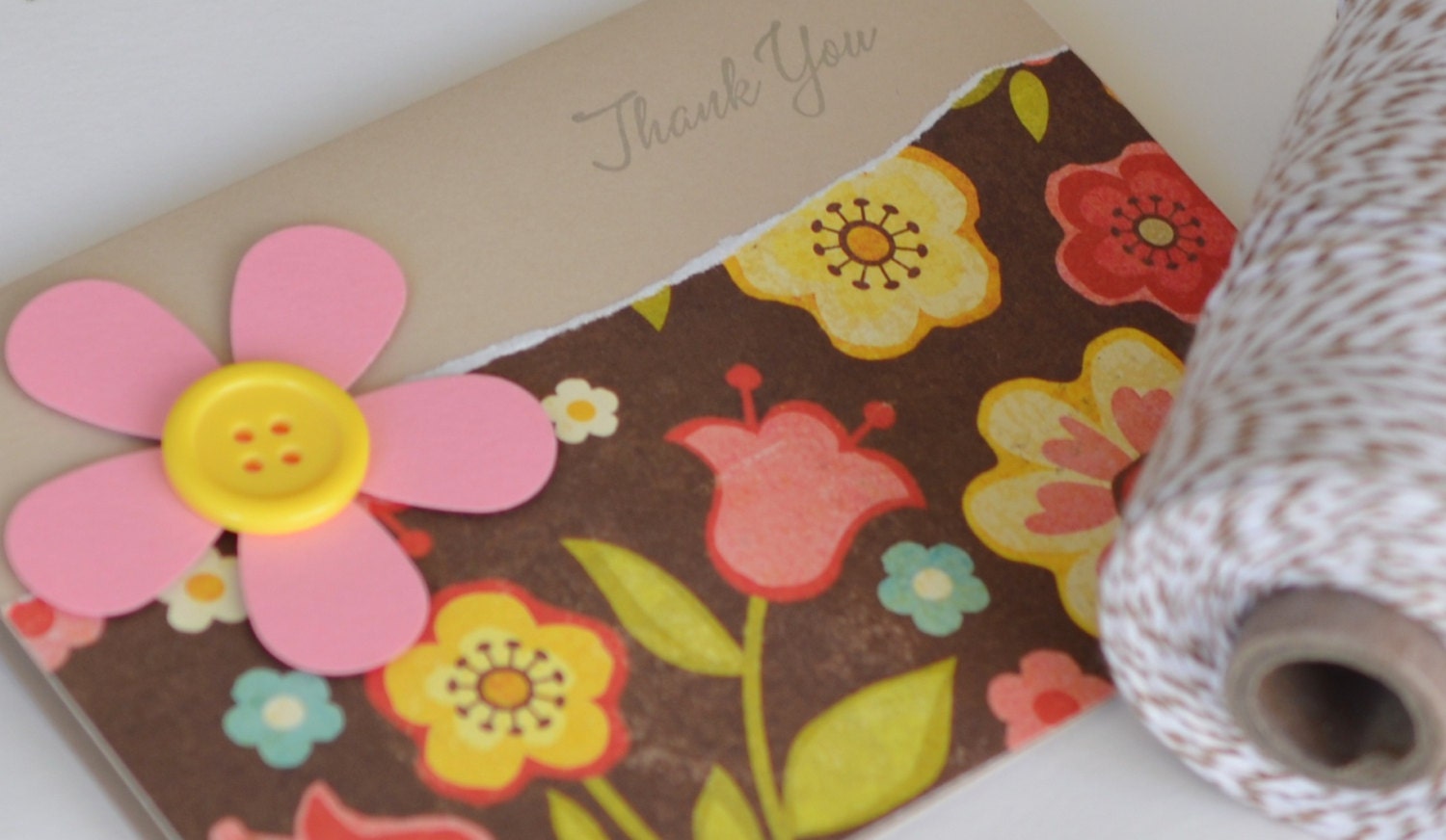 Thank You Card, Handmade Thanks, Brown Pink Yellow Grey, For Mom Teacher Friend