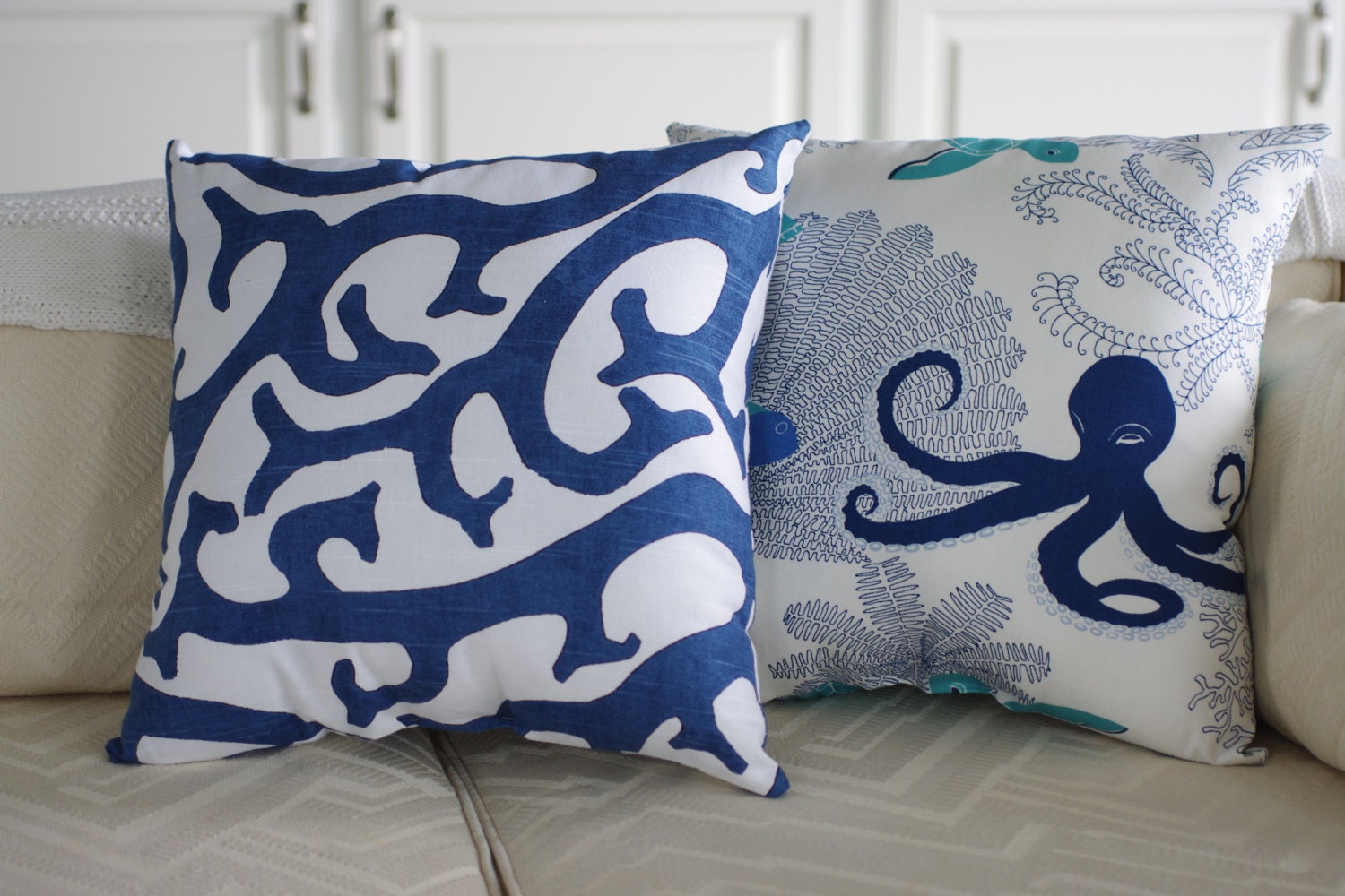 Beach Decor Coral Reef  Navy and White 18x18 Throw Pillow