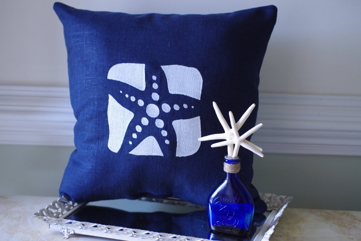 Navy Blue Linen and White Embroidered Starfish Pillow - 16x16 - Beach Decor