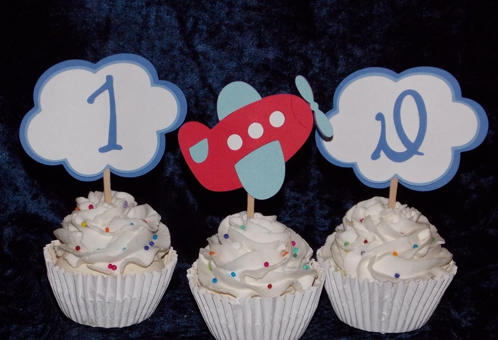 Airplane Cupcake Toppers ... Flying High Birthday ... clouds age topper initial topper ... red and blue ... custom options available Il_170x135