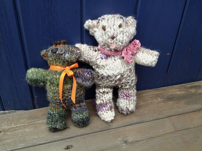 Hand Knit Teddy Bears. EVERGREEN and CREAMSICLE. Original Creations, 100% Natural Wool and Alpaca Fibers.