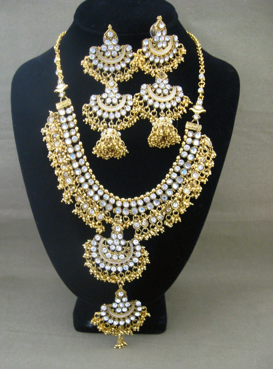 Designer Vintage Statement Rhinestone Necklace Earrings Set Haute Couture