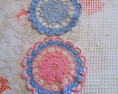 2 Spring BLUE and PINK POTHOLDERS Center Daisy Design, Scallop  Pretty Pot Holder, 1940s Hand Crochet Kitchen Linens, Mothers Day