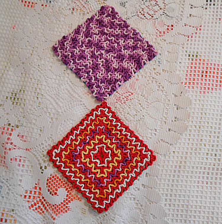 2 Bright ZIG ZAG POTHOLDERS Raised Wavy Knockout Designs, Purple Shades, Red, Gold Yellow, Pot Holder, 1940s Hand Crochet Kitchen Linens