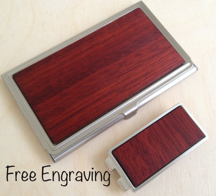 Wood Business Card Case / Money Clip - Inlaid Wood is African Blood Wood (bloodwood) -  Free Engraving