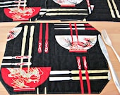 Quilted Placemats Black White Red Oriental Asian