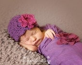 Baby Girl Hat, NEWBORN 0 to 1 Months Baby Girl Hat, Girl Flapper Hat, Plum Purple with Fuchsia Flower. Newborn Photo Props. Baby Gift. Kids