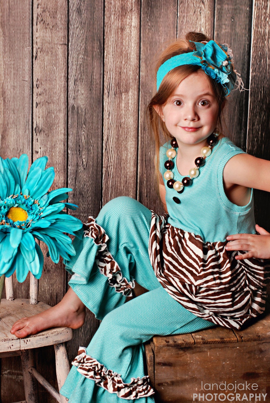 15% off through May 31st Turquoise and Zebra Print Triple Ruffle Knit Bodice Tank Top Available in Sizes 6 months to 8 years