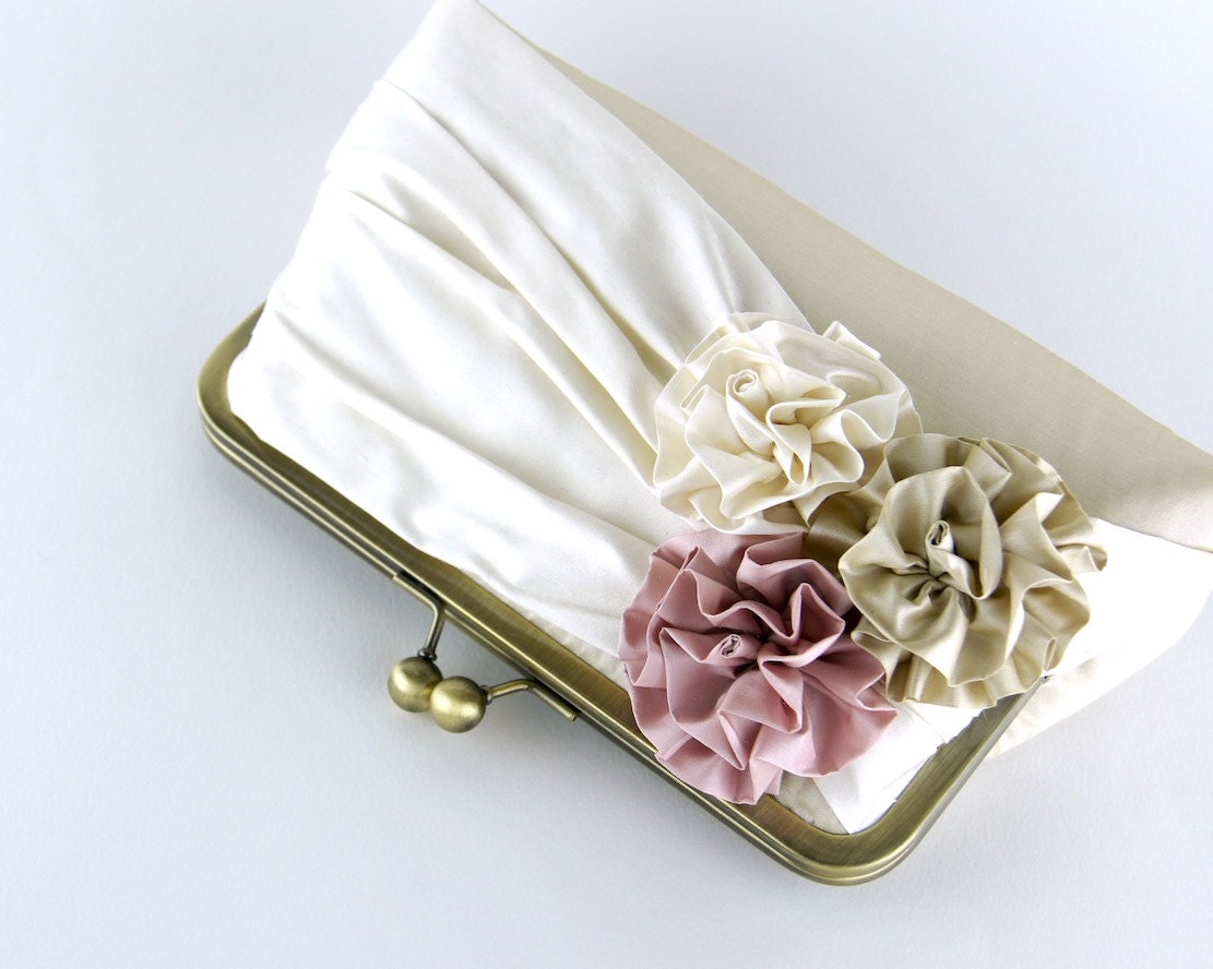 EllenVintage Three Roses Silk Clutch in Ivory, Champagne and Pink, wedding clutch, wedding bag, bridesmaid clutch, Bridal clutch