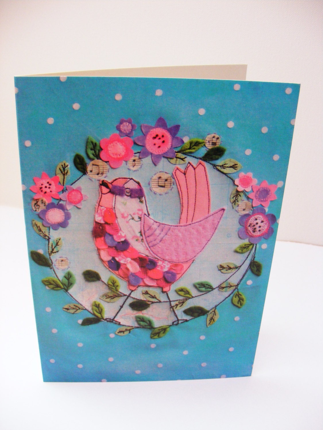 Singing bird with flower garland - blank greeting card - stitched illustration