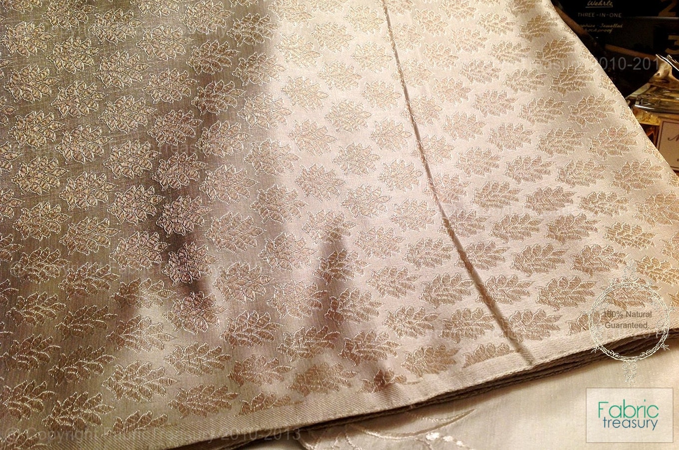 Brocade silk fabric. Authentic Benarasi brocade woven with 100% Silk and Gold Zari. Cream and Gold Shrubs. Fat Quarter