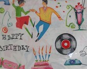 Vintage Gift Wrap Wrapping Paper 1950s 1960s rock 'n' roll teenagers birthday records phones Teen Scene