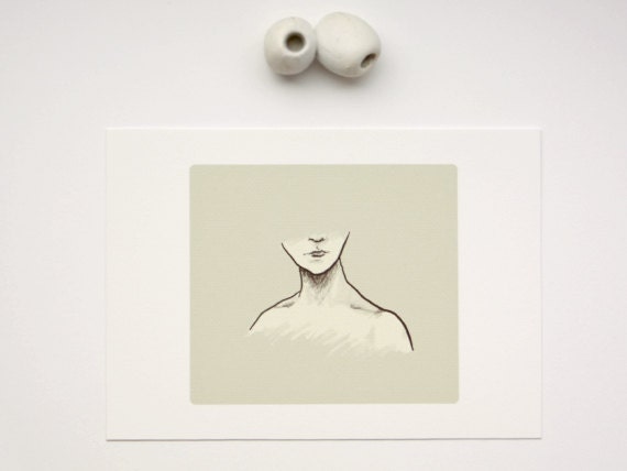 Daily Drawing No. 2 Femme 5x7 illustrated art print, sage green, pastel, portrait, muted green, sketch, decollete, delicate, Decolletage