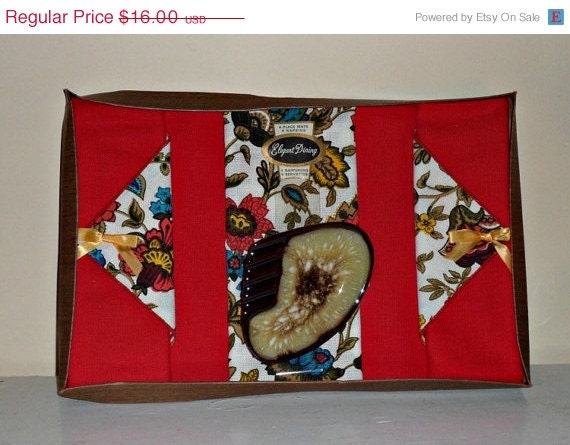 ON SALE Perfect for gifting - New old stock red floral table linen set in original box