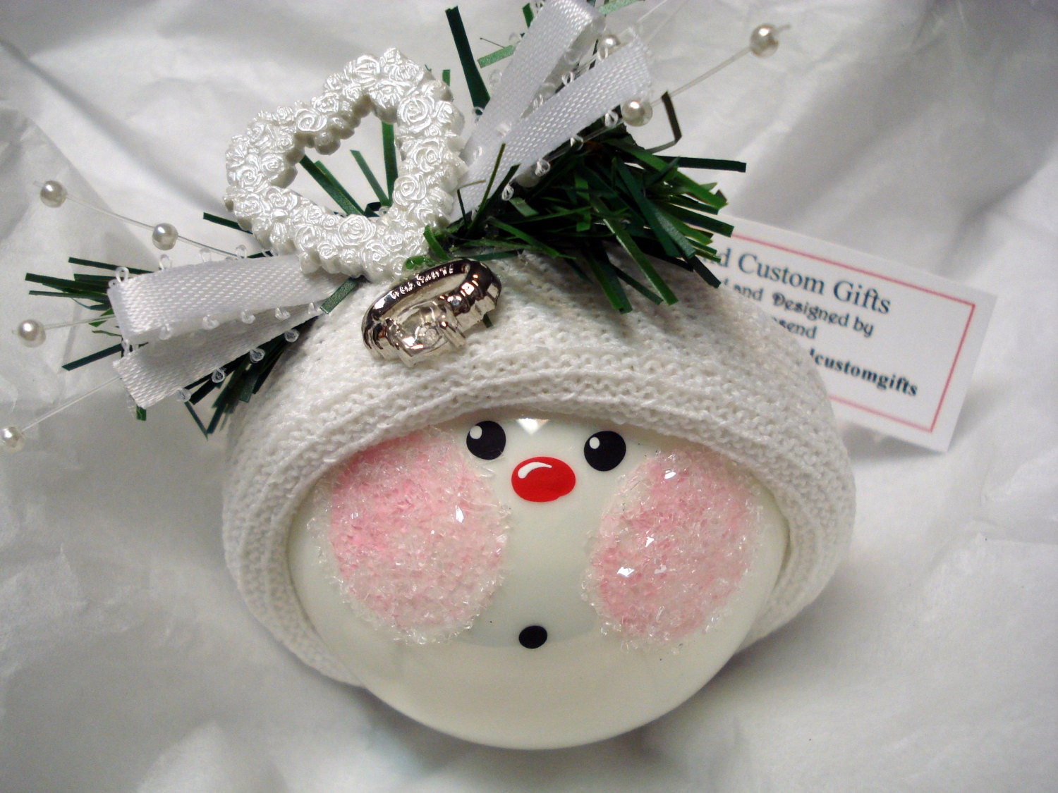 Engagement Ornament Snowman Christmas Tree Bulb Snowball Face Themed with an engagement ring Personalized