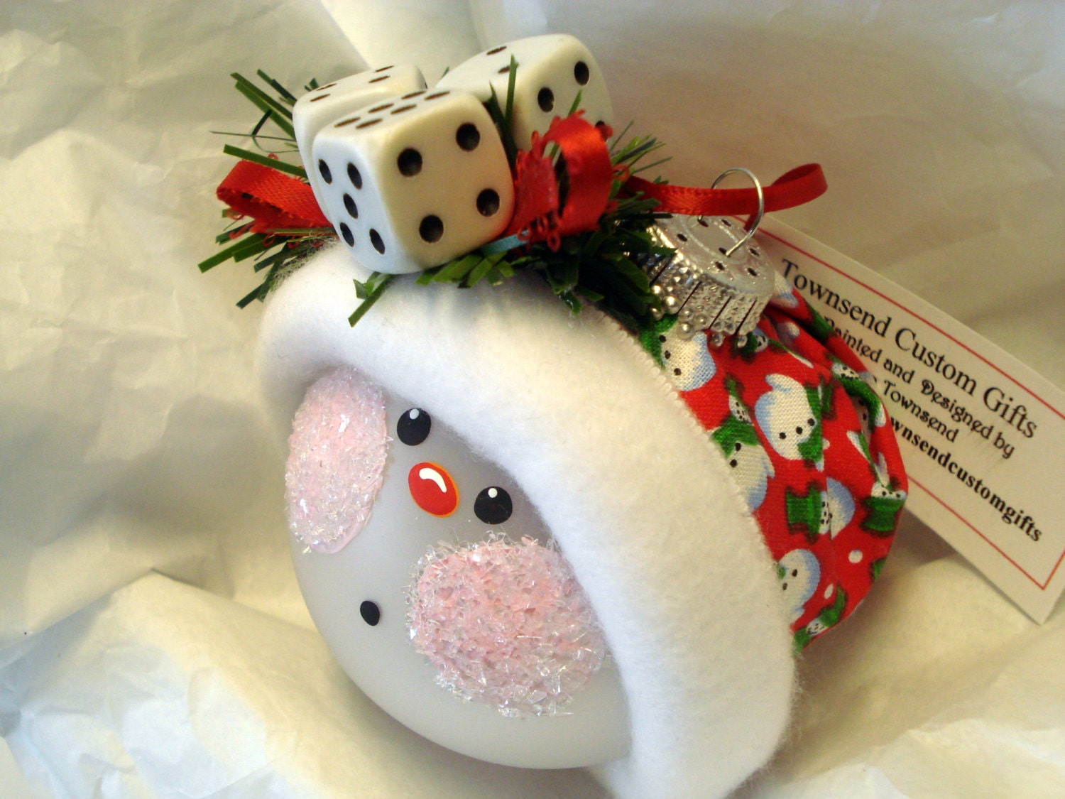 Bunco Snowman Ornament Christmas Tree Bulb Hand Painted Glass Snowball Face with Cloth Hat Personalized