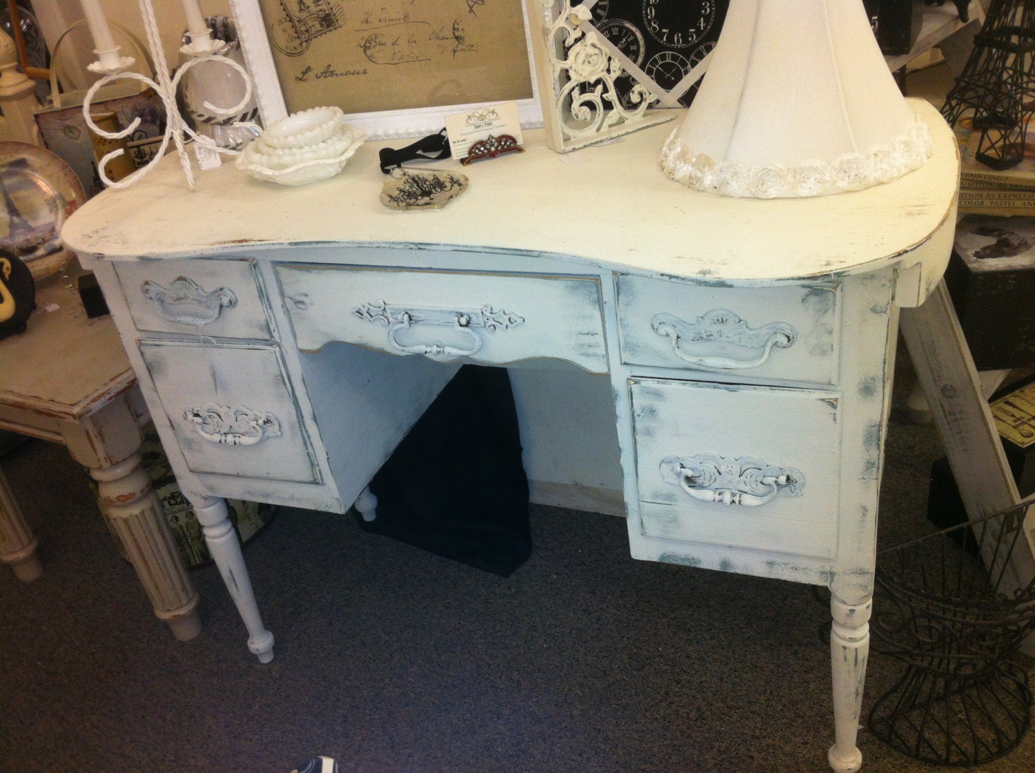 Beautiful Cottage Chic Vintage Desk - kidney shaped with a weathered white finish
