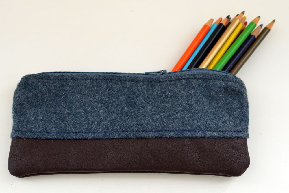 Pencil Case in Gray Wool- mens zipper pouch charcoal jewelry travel skinny wool navy flannel