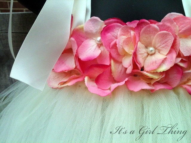 Reserved Listing for MelAldo - Ivory Tutu Dress with Pink Hydrangea Flower Front with Matching Headband- Up to 4T or small 5