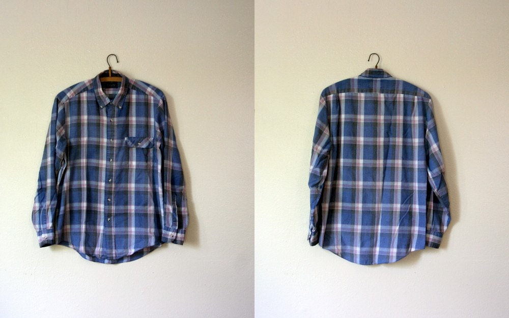 Vintage Levi's / 80's Men's Shirt / Blue Plaid / Large