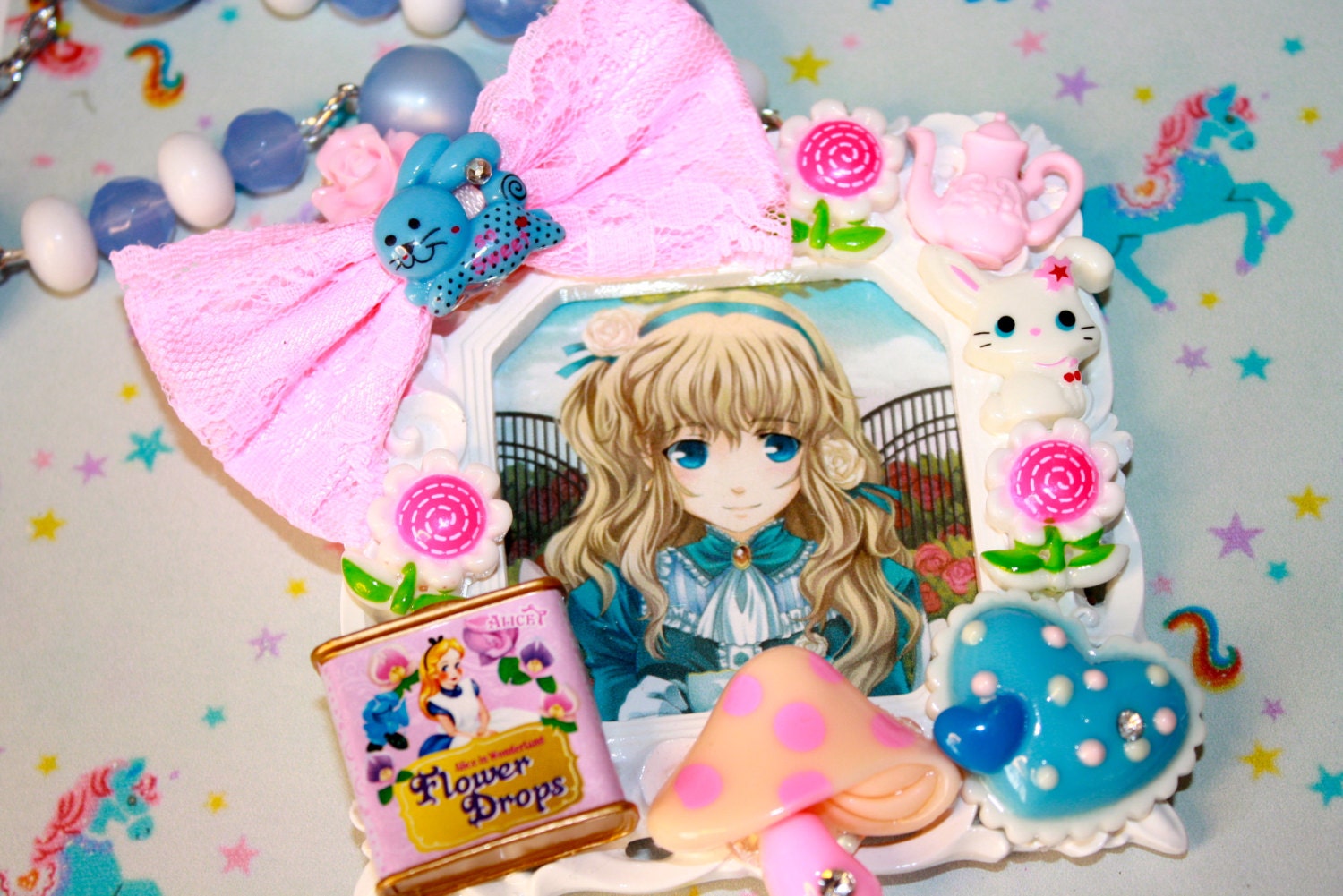 Kawaii Anime ALice on Wonderland Necklace Pretty Shades of Light blue and Pink Manga Cosplay Longer style