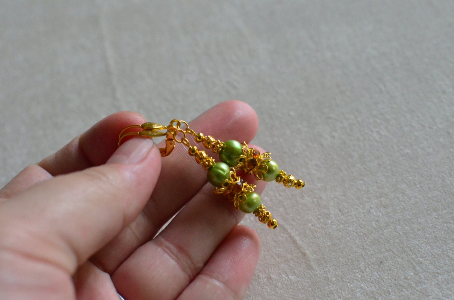 Green Pearl Gold Earrings - Genuine baroque green pearls Dangles Dangle filigree Lever back