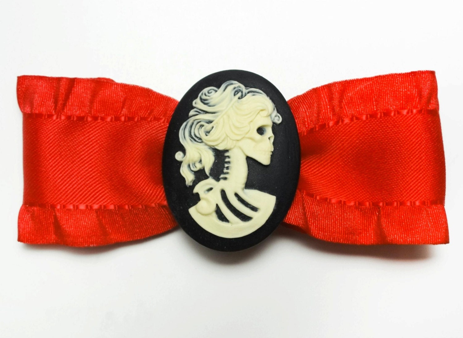 Lovely Red Lady Skeleton Cameo Hair Bow