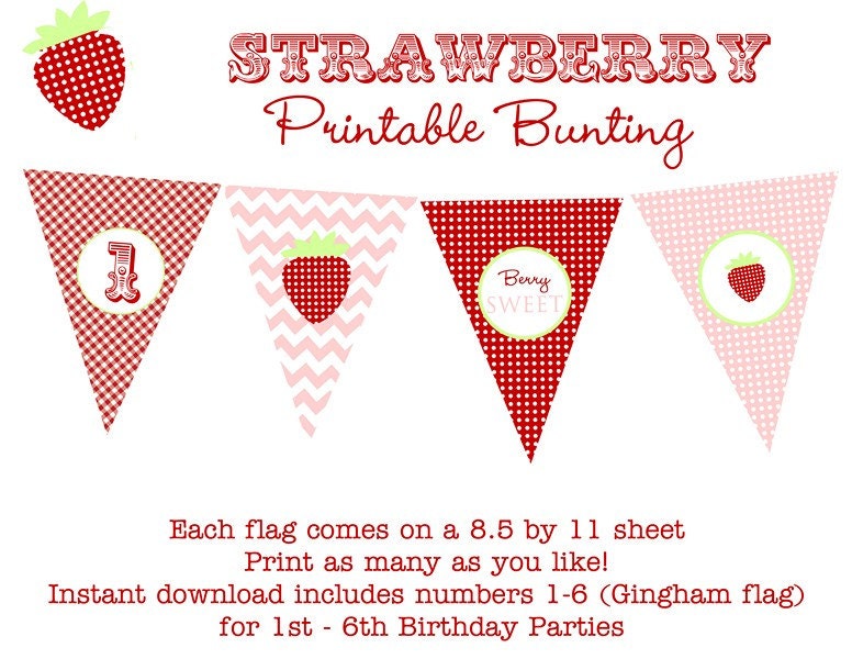 STRAWBERRY PARTY PRINTABLE Bunting Banner - Instant Download - Chevron, polka dot and gingham designs - 123456 Birthday Party