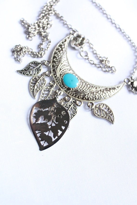 Helma - Ethnic Tibetan Silver and Turquoise Stone Leaves Charm Necklace