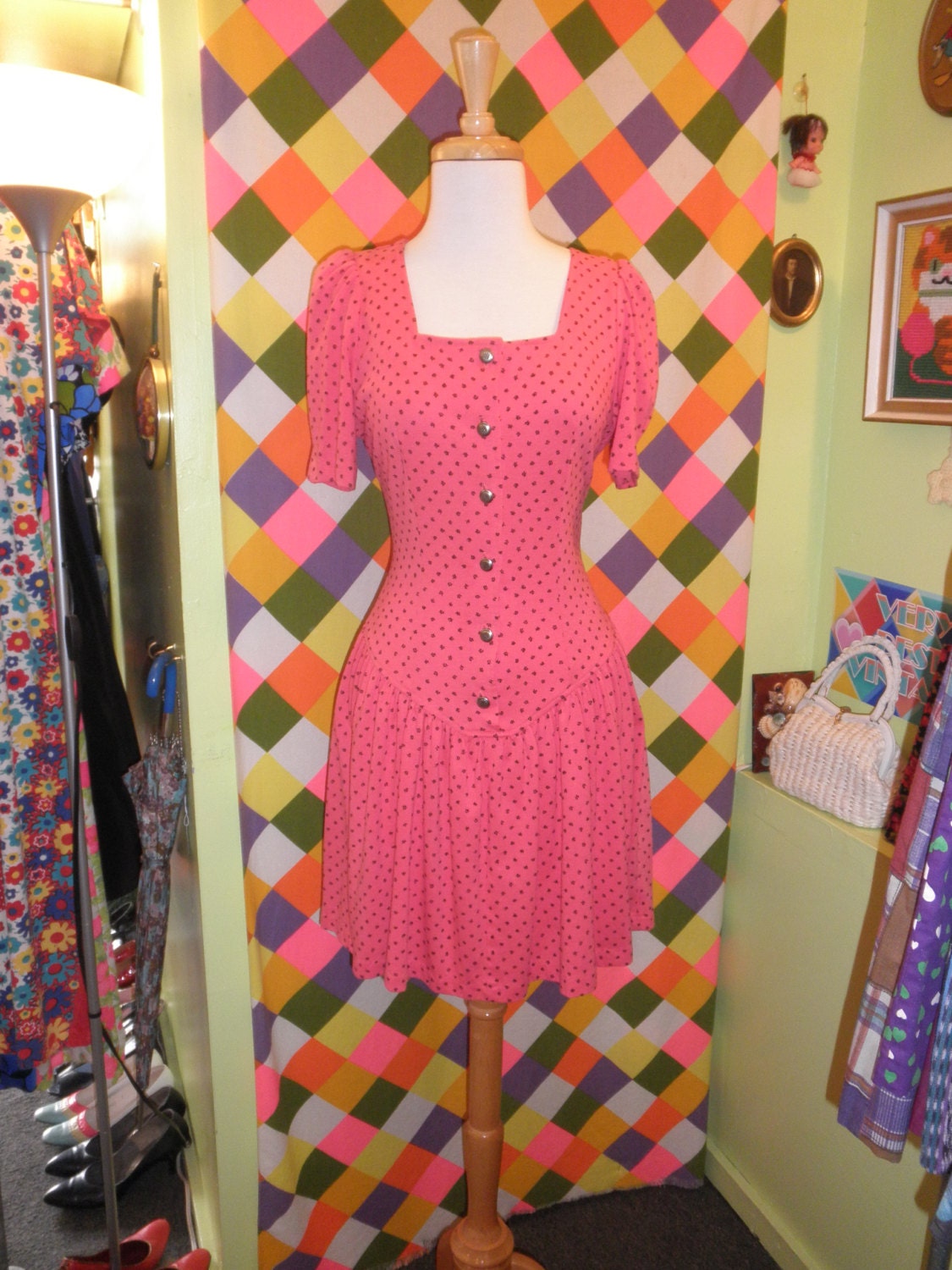 80s Vintage Rampage Pink Drop Waist Floral Mini Dress