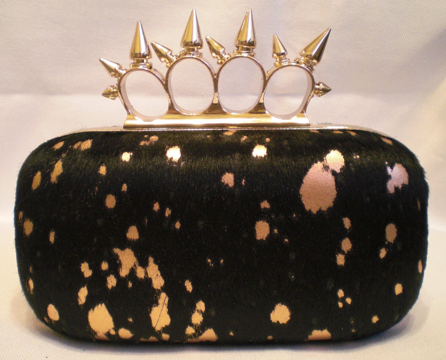 Black Hair Hide with Copper Metallic Spots on Gold Spike Frame