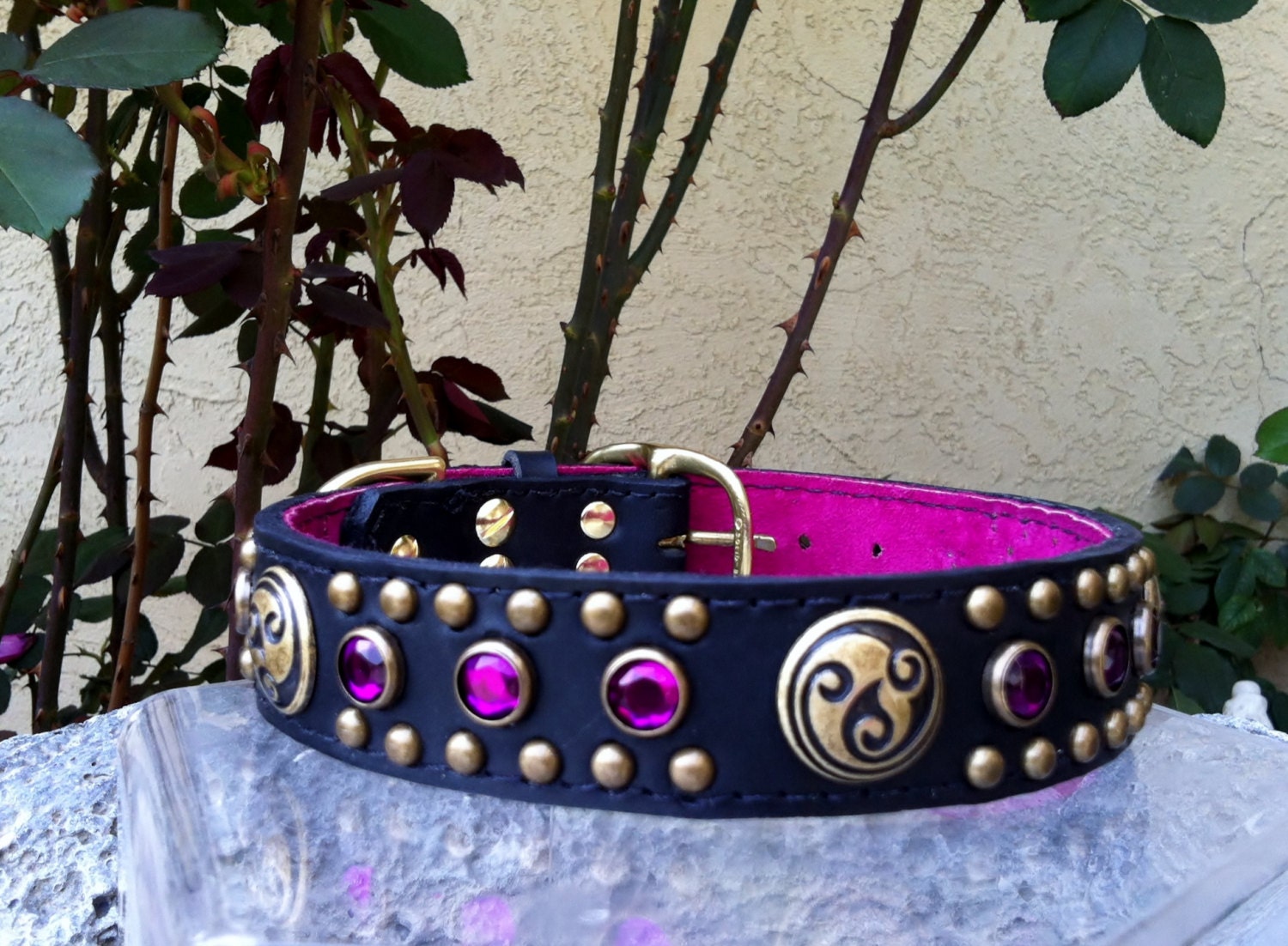 Antique Brass and Fuschia Celtic Leather Dog Collar