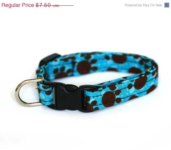 ON SALE Mini Dog Collar - Turquoise and Brown Pawprints