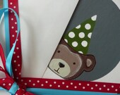 peekaboo HAPPY BIRTHDAY bamboo hand painted 5x7 greeting card : bear in green & white polka dot party hat on grey - kids birthday card