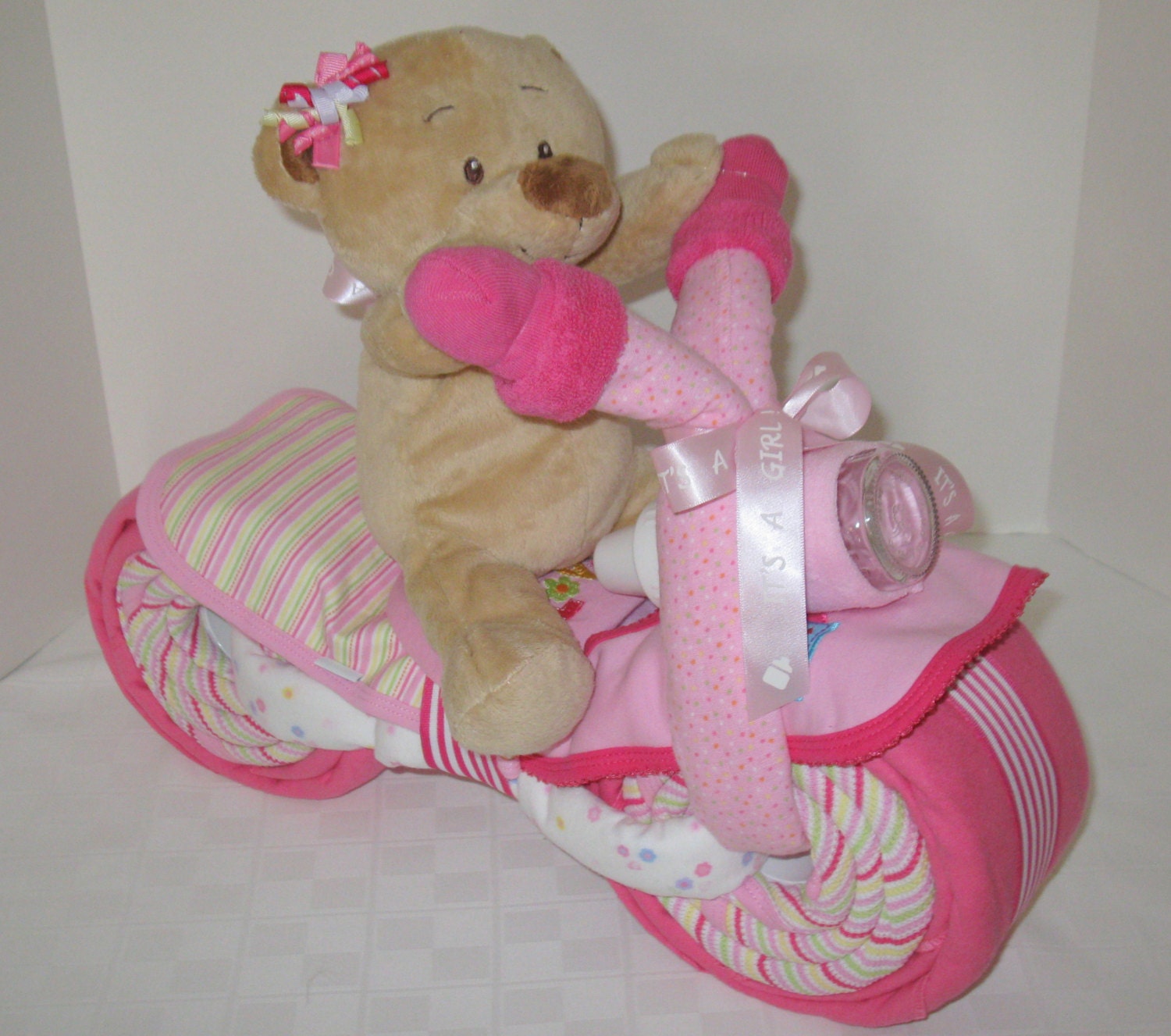 Diaper Cake Motorcycle Bike Diaper Cake,  Baby Shower Gift, Centerpiece, Baby Cake,  Baby Girl Gift, Doggy