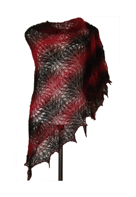 Red & black  soft delicate kid mohair lacy triangle shawl scarf Red Night