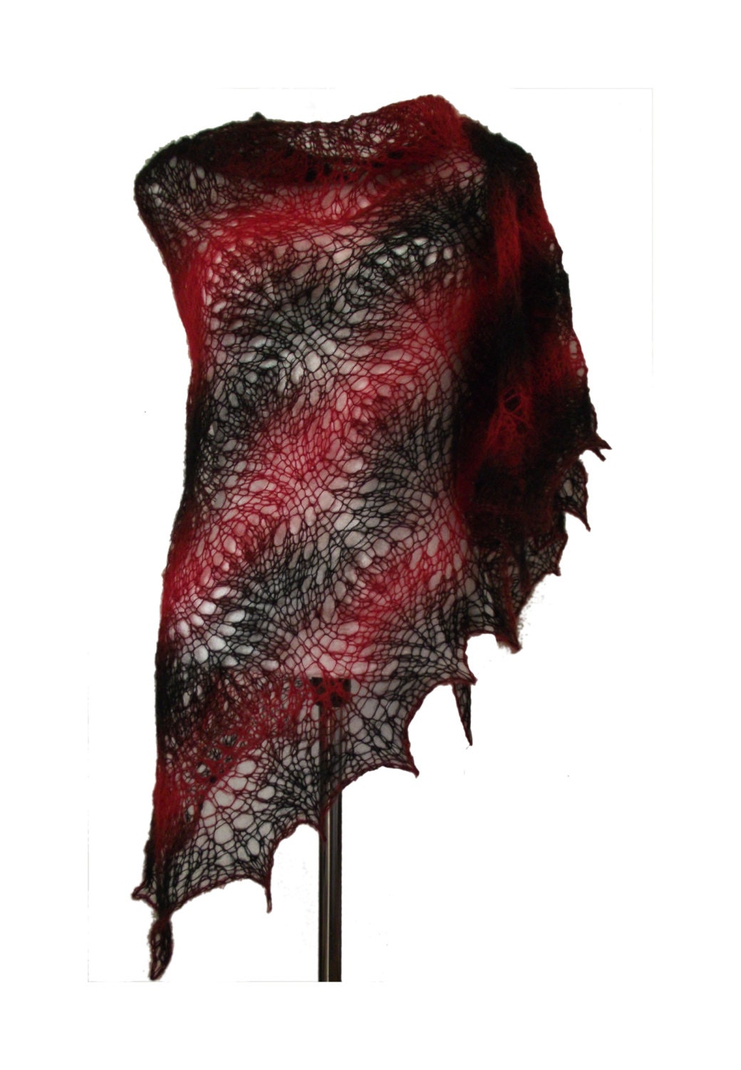 Red & black  soft delicate kid mohair lacy triangle shawl scarf Red Night