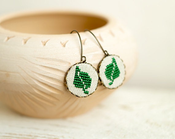 Green leaf earrings - Cross stitch earrings - hypoallergenic ear wires