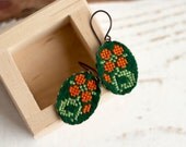 Floral Cross stitch earrings - orange flower on dark green felt - hypoallergenic
