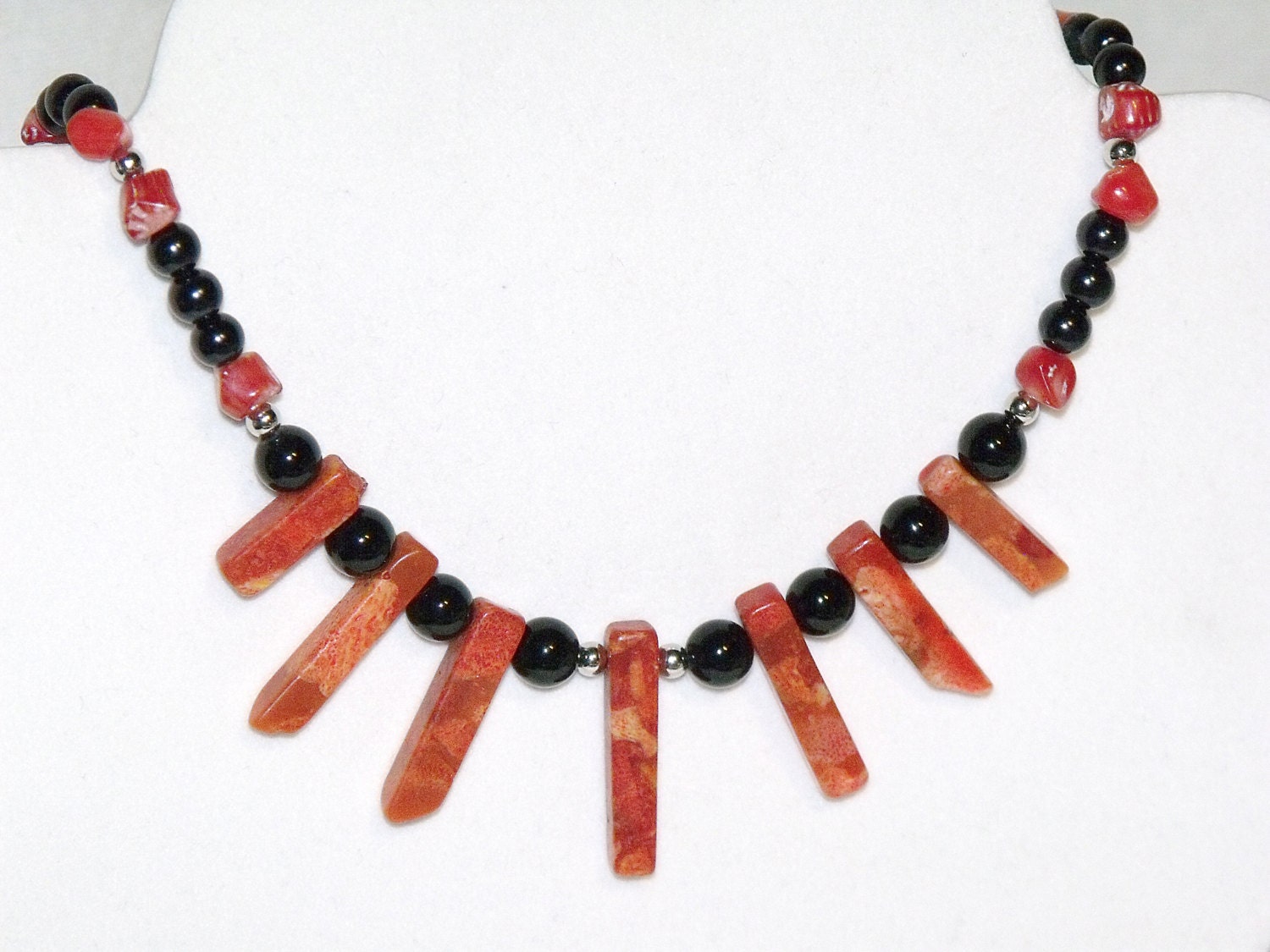 Orange and Black Bead Bib Necklace - red coral stone, glass, silver