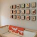 Scallop Pattern Orange 5x5 art block on wood Green Gray Green fish scales shapes red tile studio