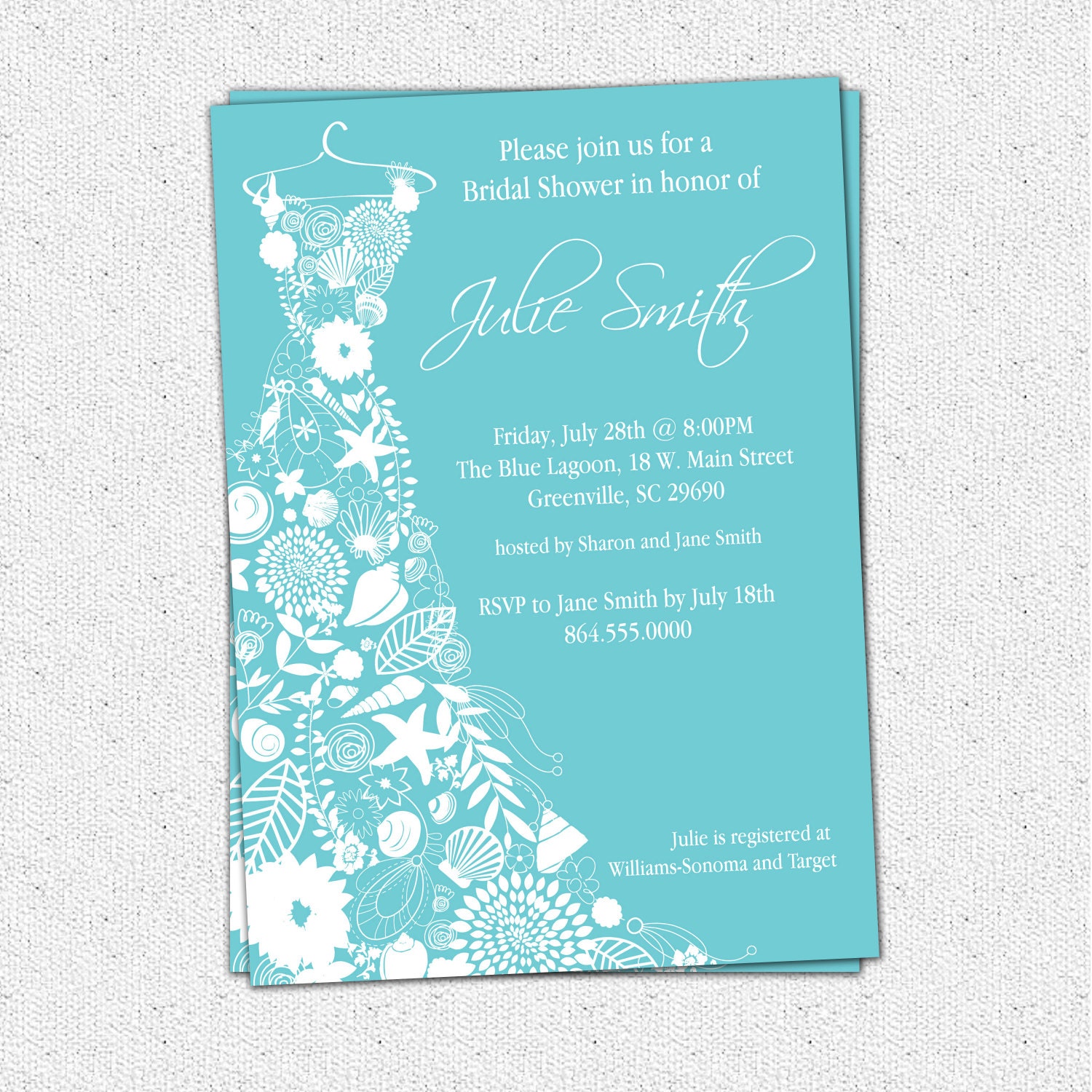 Printable Bridal Shower Invitation Floral Seashell Dress, Elegant Sea Shell, Pick Your Color, Custom, Personalized Custom DIY Digital File