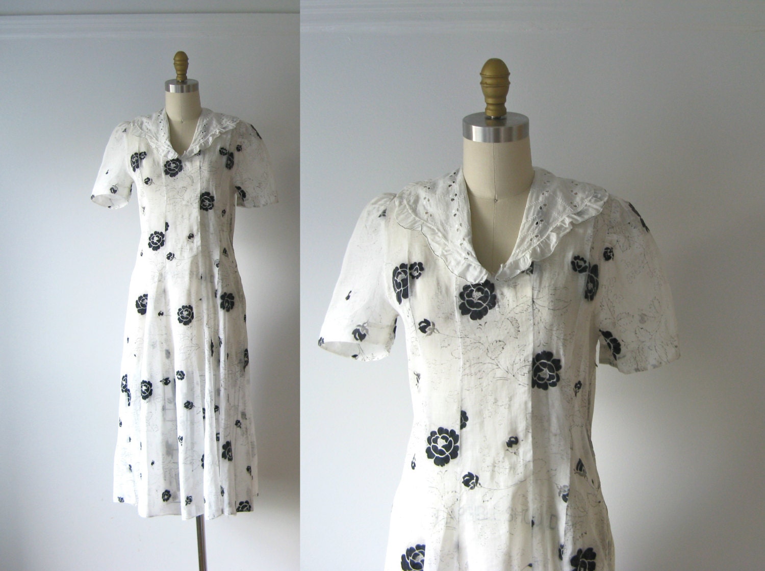 vintage 1930s dress / 30s day dress / Flocked Cotton