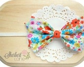 Summer Fabric Bow Headband or Hair Clip - Summer Floral Fabric Bow - Ivory Elastic or Hair Clip