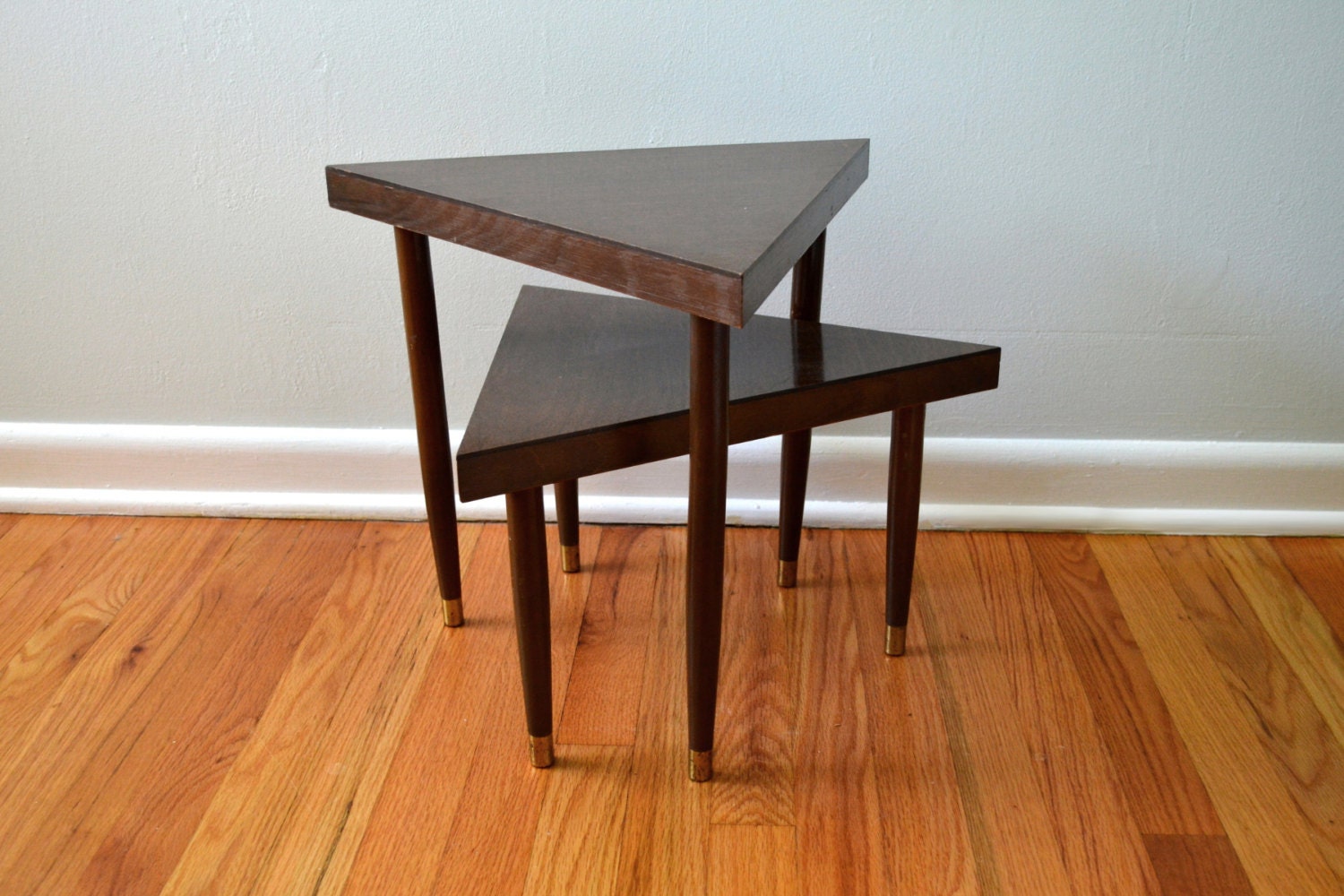 Vintage Nesting Tables, Mid Century Modern Furniture, 1960s Geometric Triangle Side Tables, Brown Faux Wood, Plant Stand Set