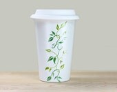 Hand Painted White Stoneware Travel Mug with silicone lid double walled green botanical design leaves