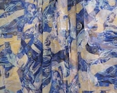 Blue Yellow and Metallic SIlver Abstract Print SIlk Chiffon Fabric--One Yard